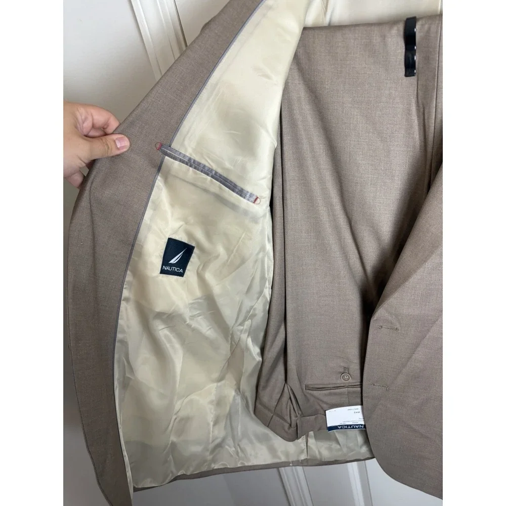 NWT!! $239 Nautica Mens 2-Piece Modern Fit Active Stretch Solid Suit Tan 48L 43W
